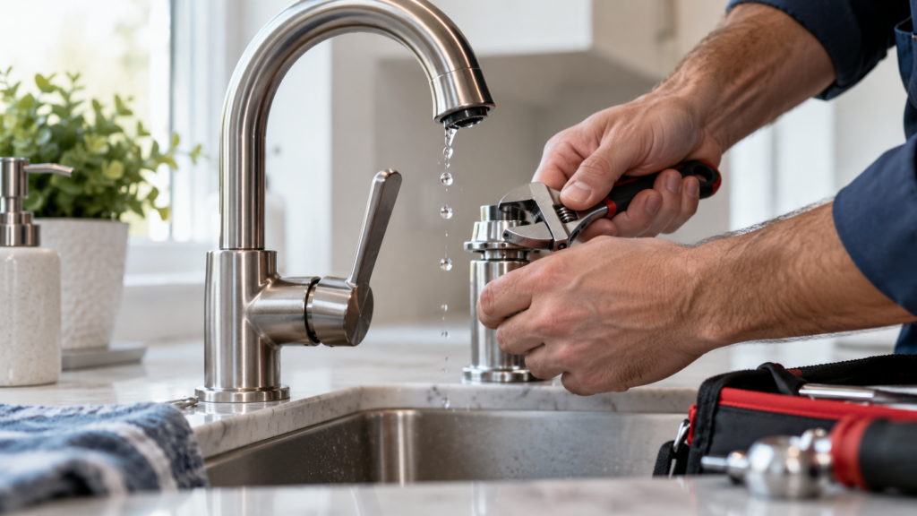 plumber fixing household faucet leak